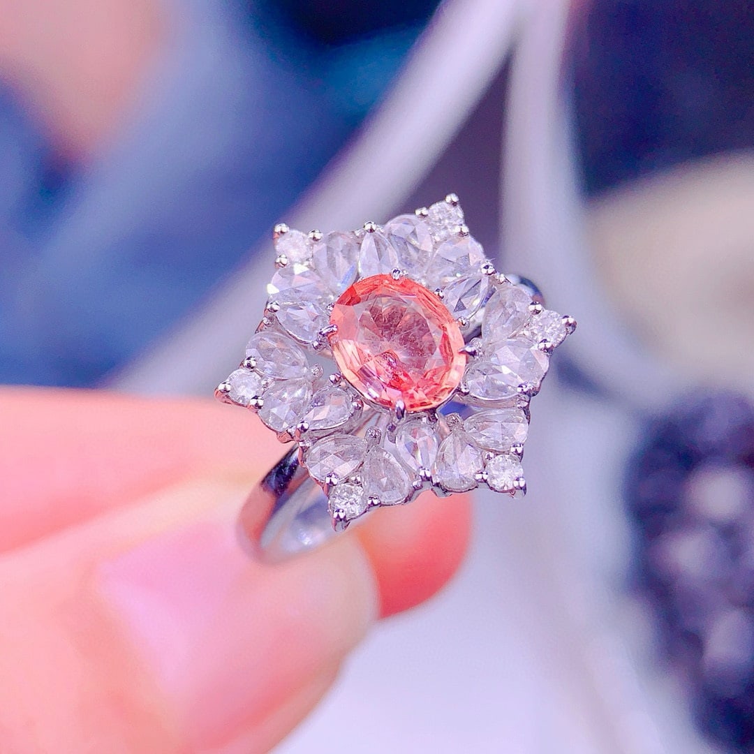 14k Gold 0.74 Ct Natural Padparadscha Sapphire & Diamond Ring - 2