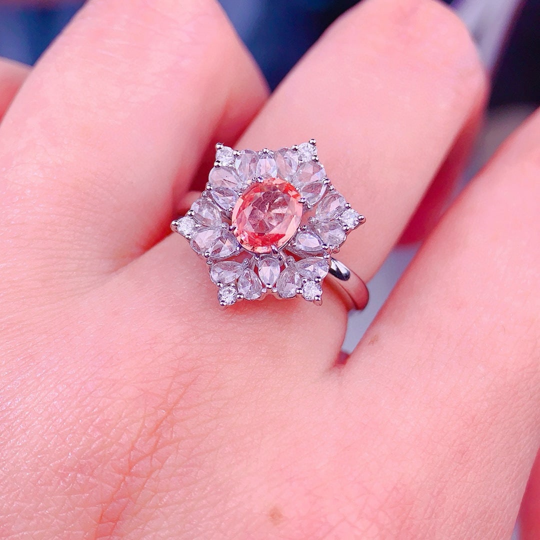14k Gold 0.74 Ct Natural Padparadscha Sapphire & Diamond Ring - 5