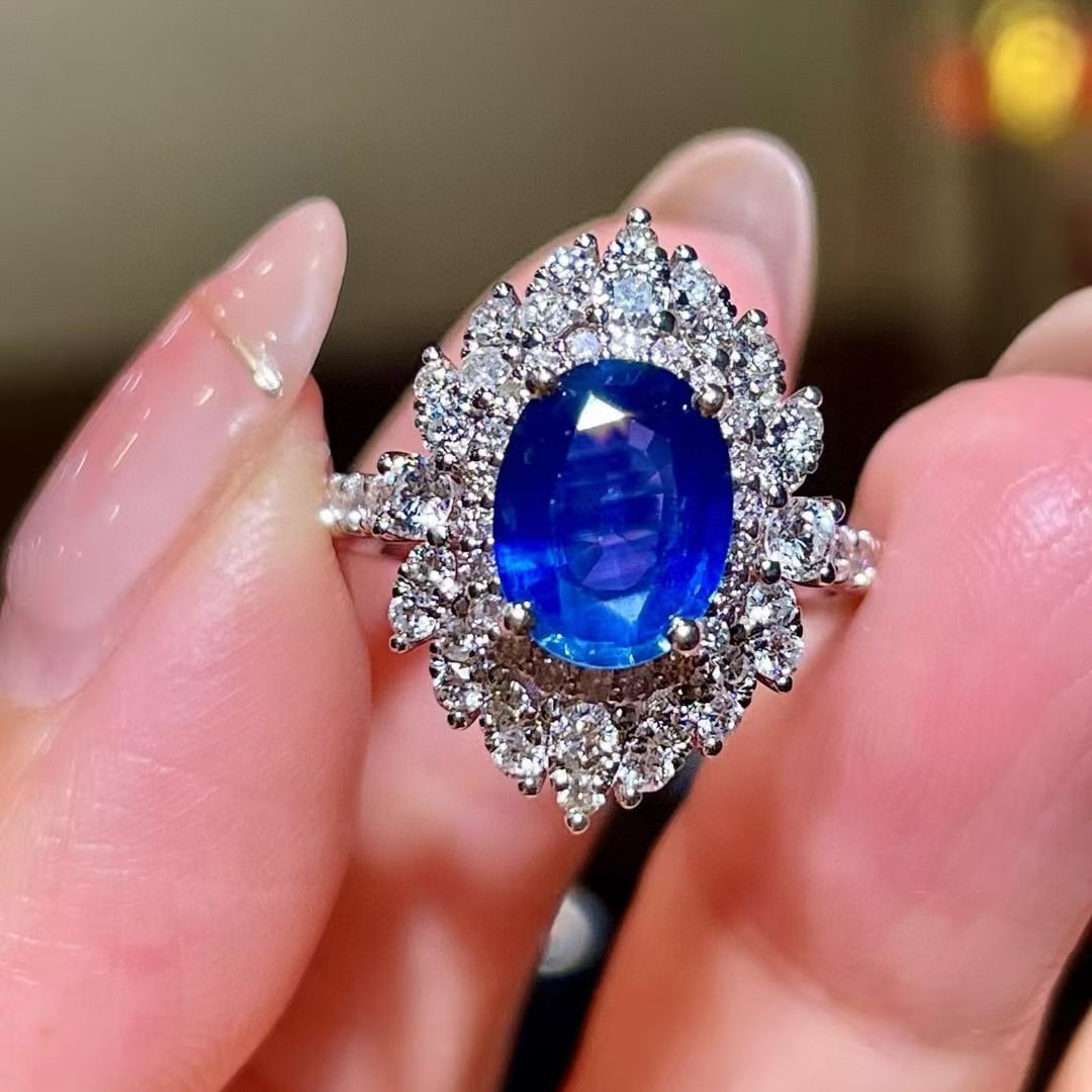 14k Gold 3.04 Ctw Natural Sapphire & Diamond Ring: Ref:230979227 // gold content:14k gold // ring size:7. 25us // // main gemstone:sapphire // shape:oval // carat weight:2. 14ct // color:blue // treatment:natural // cut grade:g // // adjacent