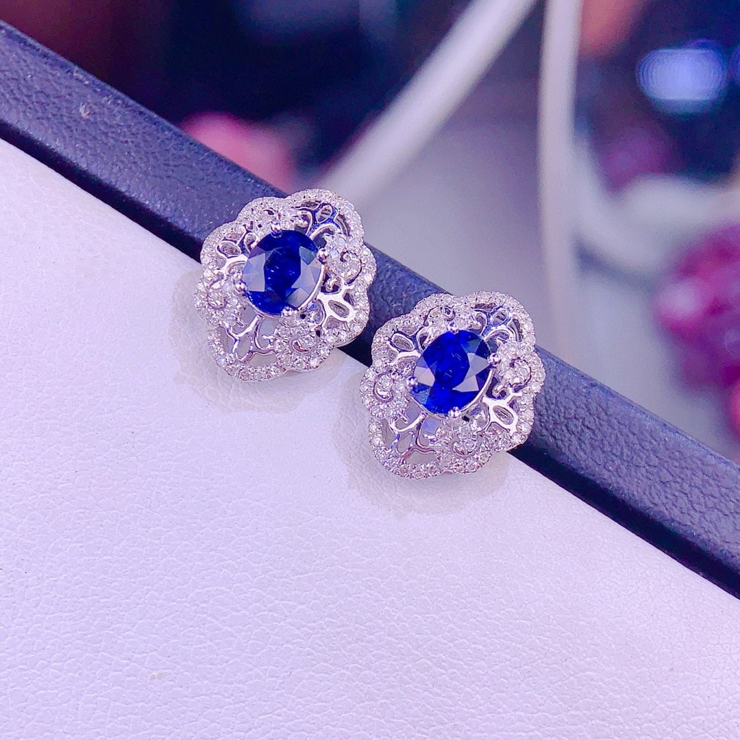 14k Gold 1.3 Ct Natural Sapphire & Diamond Earrings - 2