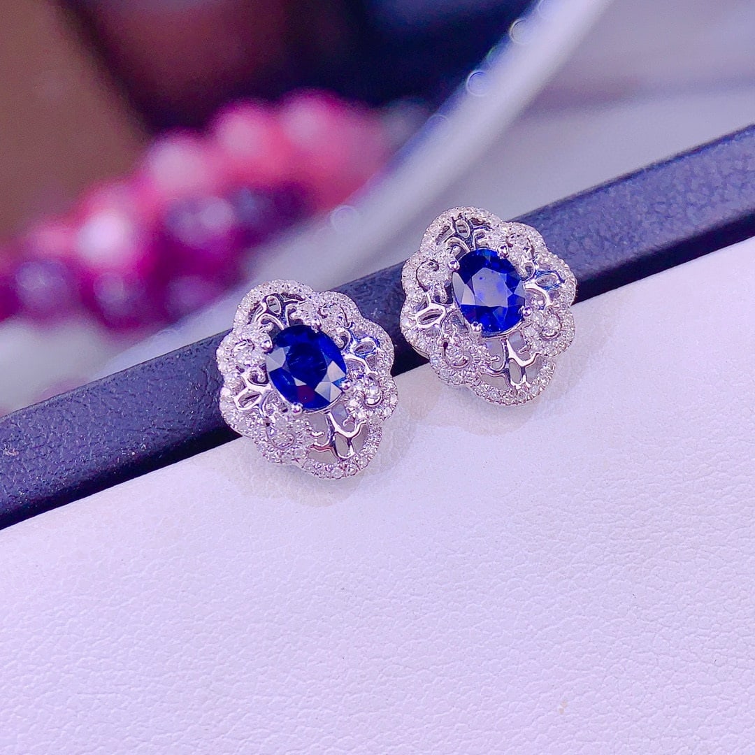 14k Gold 1.3 Ct Natural Sapphire & Diamond Earrings - 3
