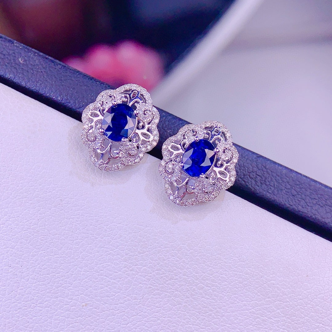 14k Gold 1.3 Ct Natural Sapphire & Diamond Earrings - 4