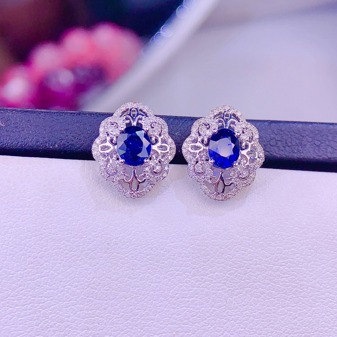 14k Gold 1.3 Ct Natural Sapphire & Diamond Earrings - 5
