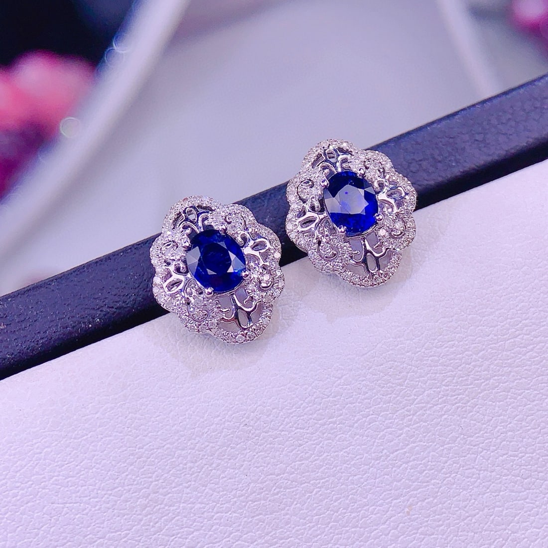 14k Gold 1.3 Ct Natural Sapphire & Diamond Earrings - 6