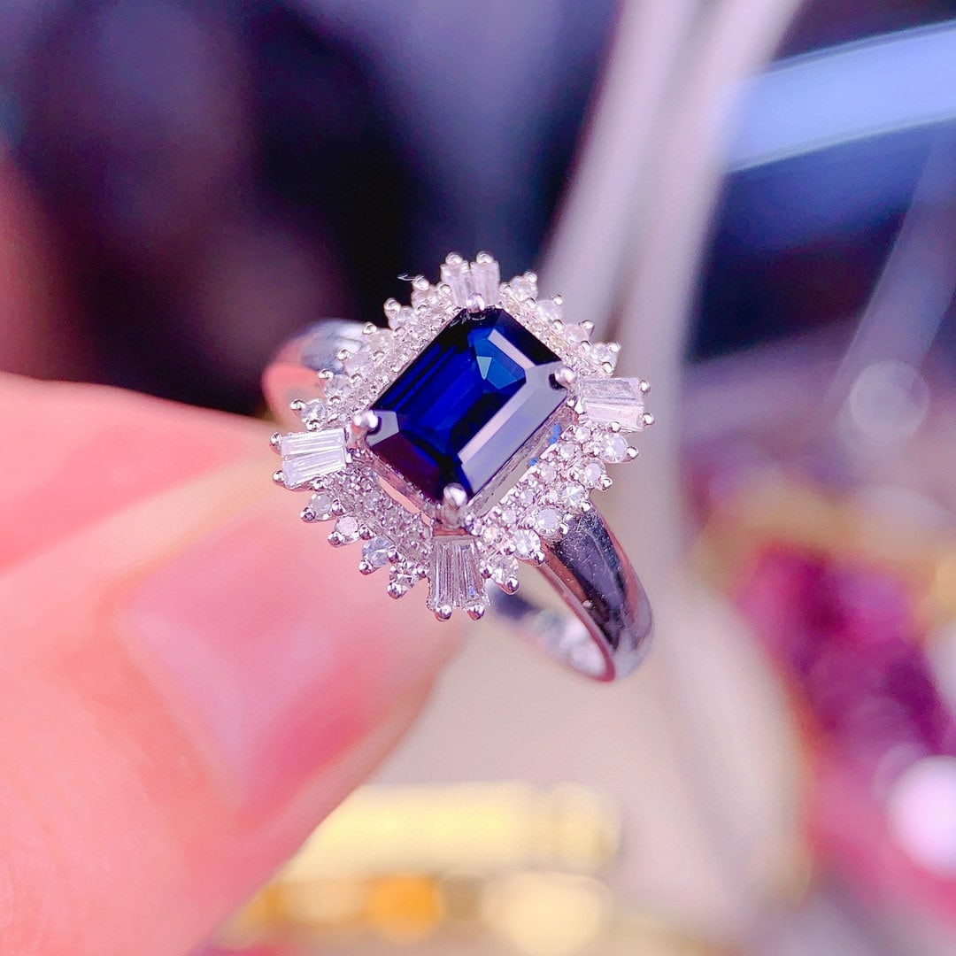 14k Gold 1.25 Ct Natural Sapphire & Diamond Ring: Ref:230979230 // gold content:14k gold // ring size:7. 25us // // main gemstone:sapphire // shape:emerald // carat weight:1. 25ct // color:blue // treatment:natural // cut grade:g // // adjacent