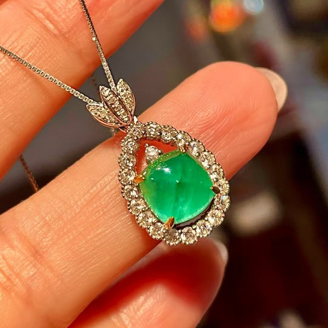 14k Gold 3.46 Ctw Natural Emerald & Diamond Pendant( Without Chain ) - 2