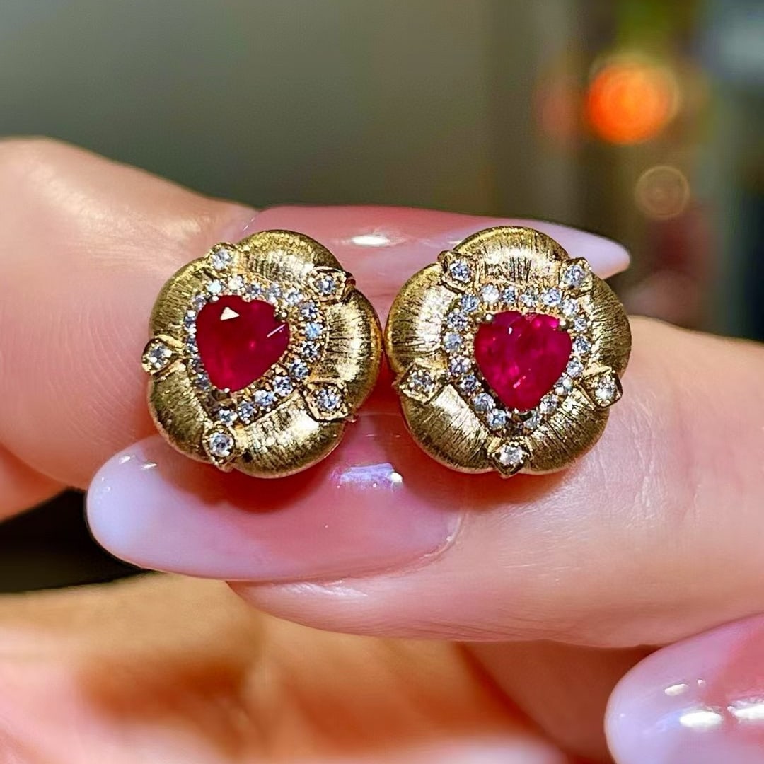 14k Gold 0.98 Ctw Natural Ruby & Diamond Earrings - 4
