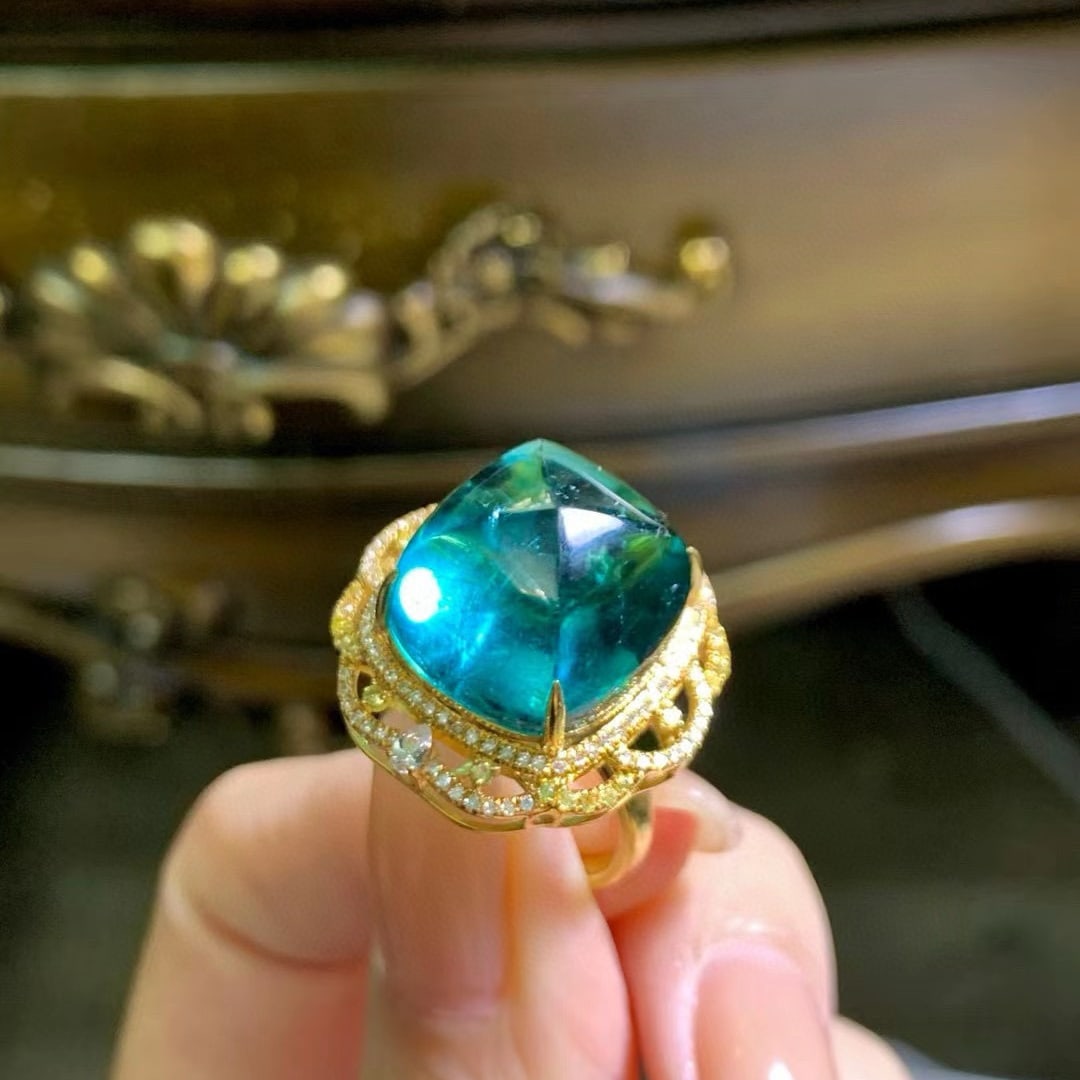 14k Gold 21.8 Ct Natural Tourmaline & Diamond Ring - 2