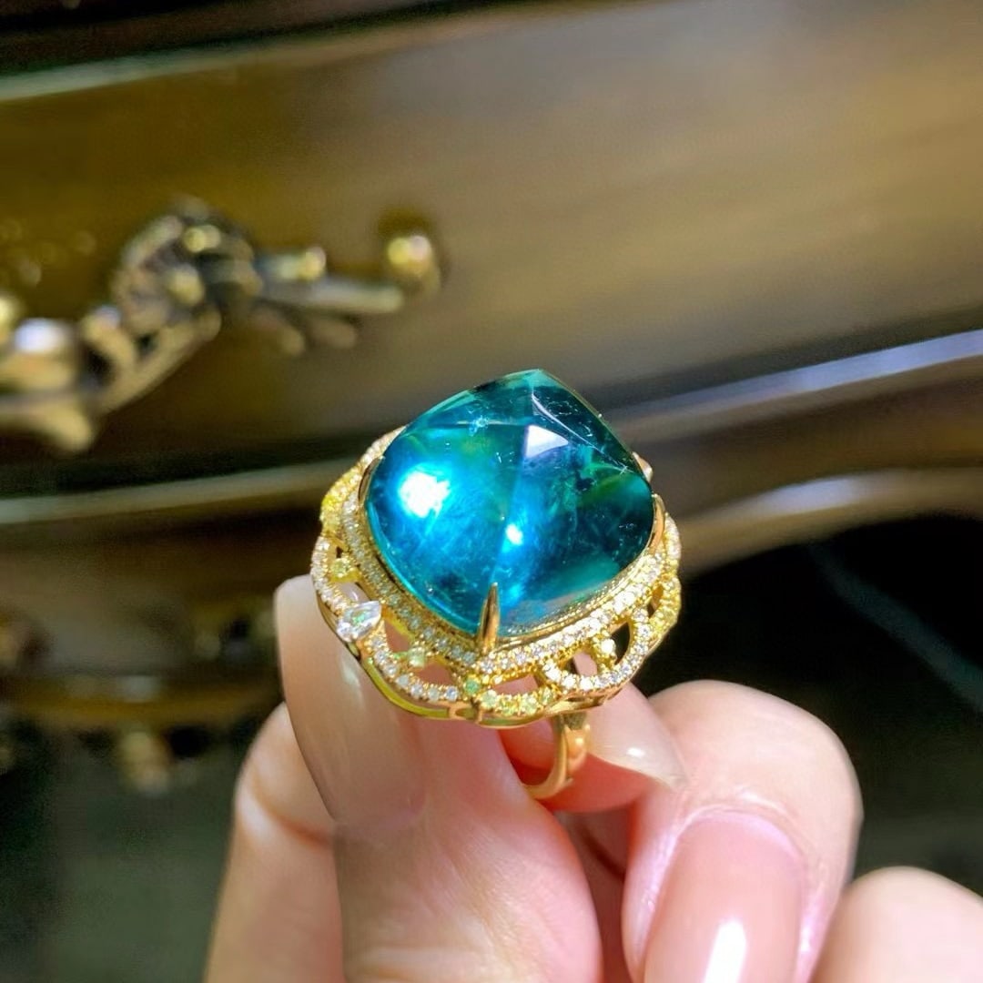 14k Gold 21.8 Ct Natural Tourmaline & Diamond Ring - 3