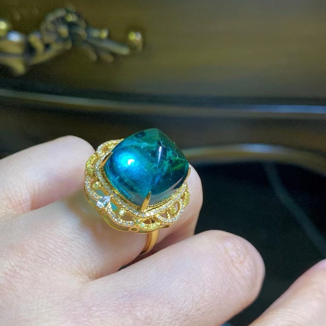 14k Gold 21.8 Ct Natural Tourmaline & Diamond Ring - 4