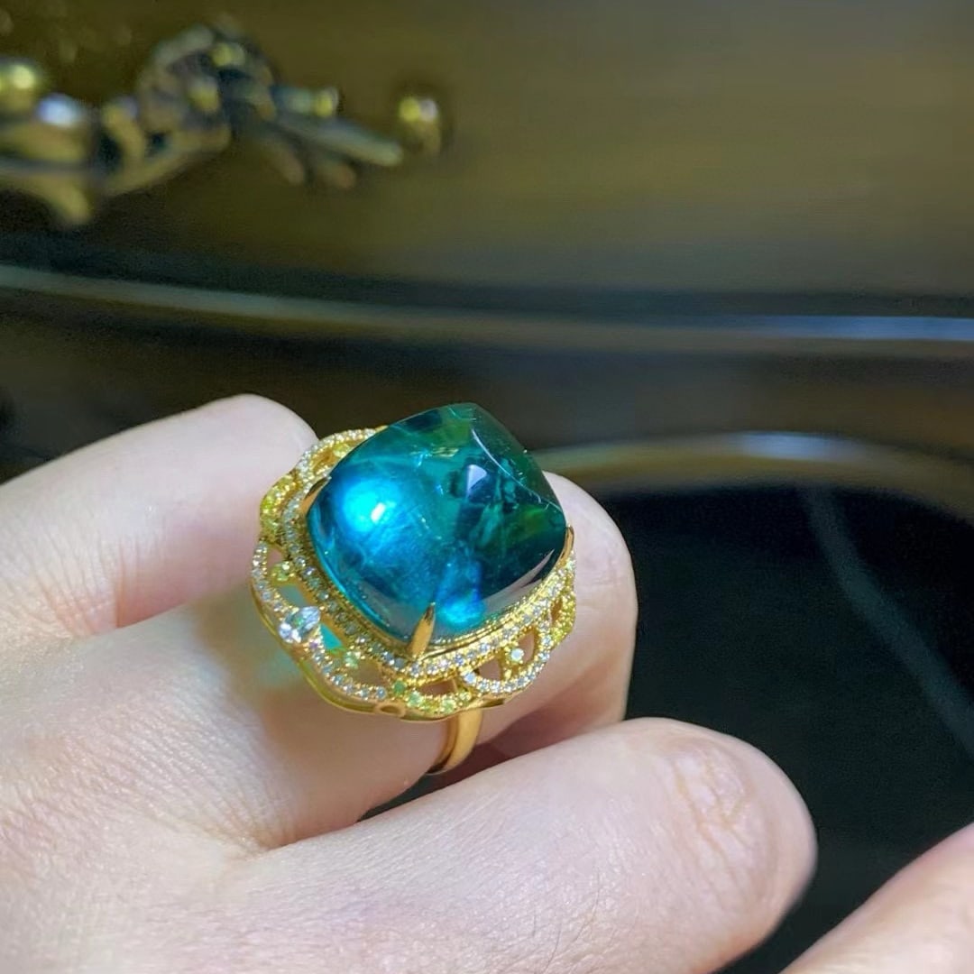 14k Gold 21.8 Ct Natural Tourmaline & Diamond Ring - 6