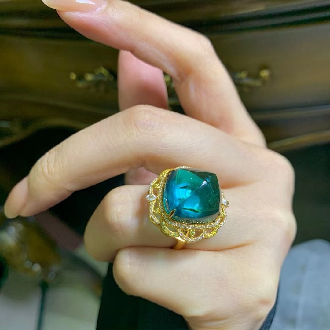 14k Gold 21.8 Ct Natural Tourmaline & Diamond Ring - 7