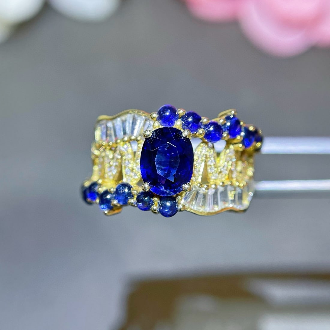 14k Gold 2.42 Ctw Natural Sapphire & Sapphire Ring: Ref:230979258 // gold content:14k gold // ring size:7. 25us // // main gemstone:sapphire // shape:oval // carat weight:1. 12ct // color:blue // treatment:natural // cut grade:g // // adjacent