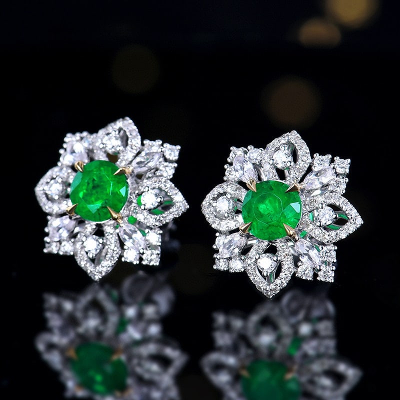 14k Gold 1.71 Ctw Vivid Green Natural Emerald & Diamond Earrings - 2