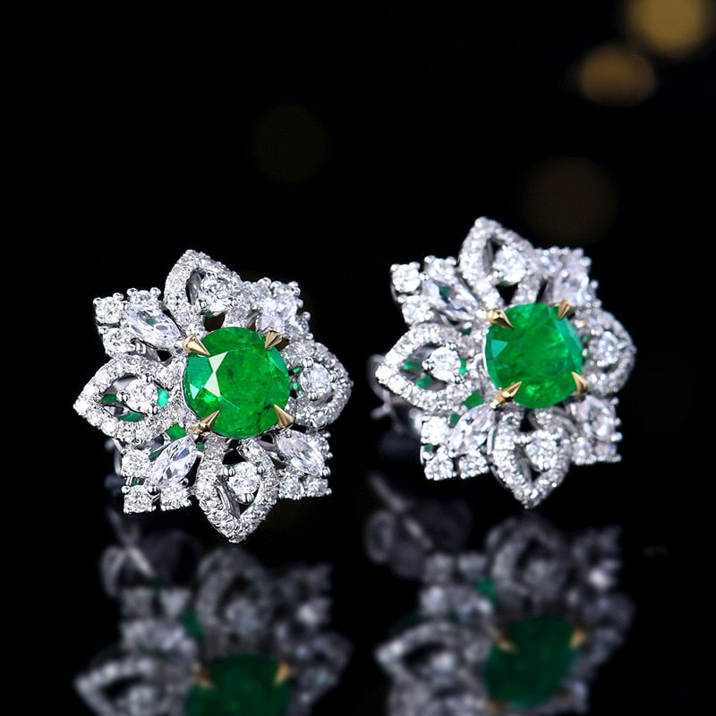 14k Gold 1.71 Ctw Vivid Green Natural Emerald & Diamond Earrings - 3