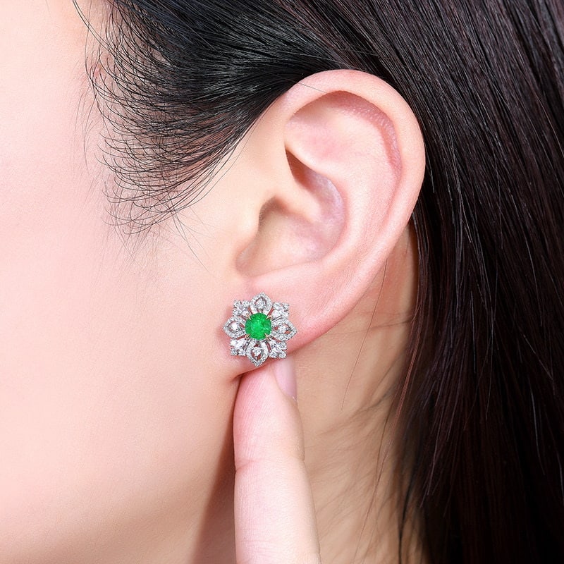 14k Gold 1.71 Ctw Vivid Green Natural Emerald & Diamond Earrings - 5