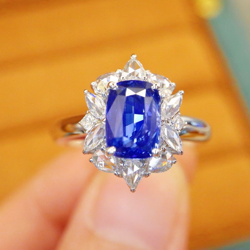 14k Gold 2.46 Ctw Natural Sapphire & Diamond Ring: Ref:230980033 // gold content:14k gold // ring size:7. 25us // // main gemstone:sapphire // shape:cushion // carat weight:2. 06ct // color:royal blue // treatment:natural // // adjacent gemstone 2 :