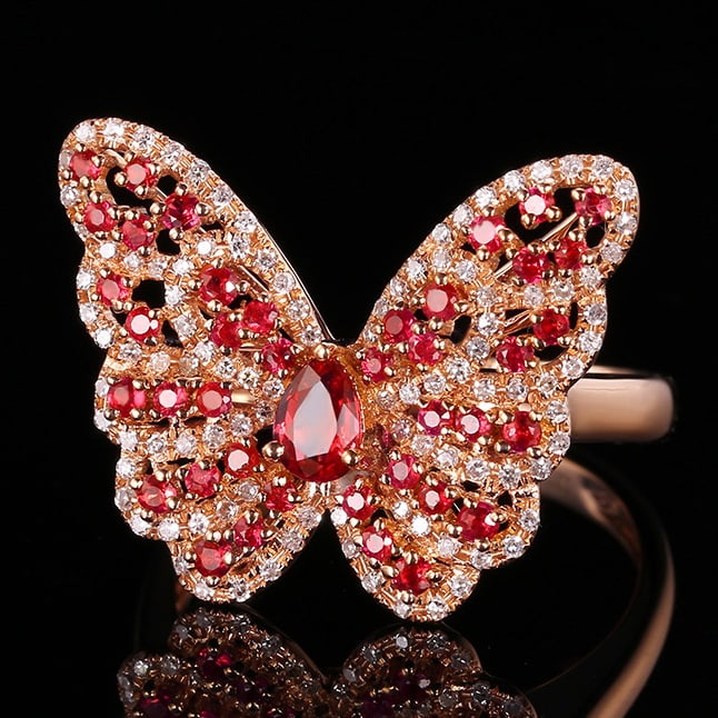 14k Gold 0.84 Ctw Natural Ruby & Ruby & Butterfly Ring - 2