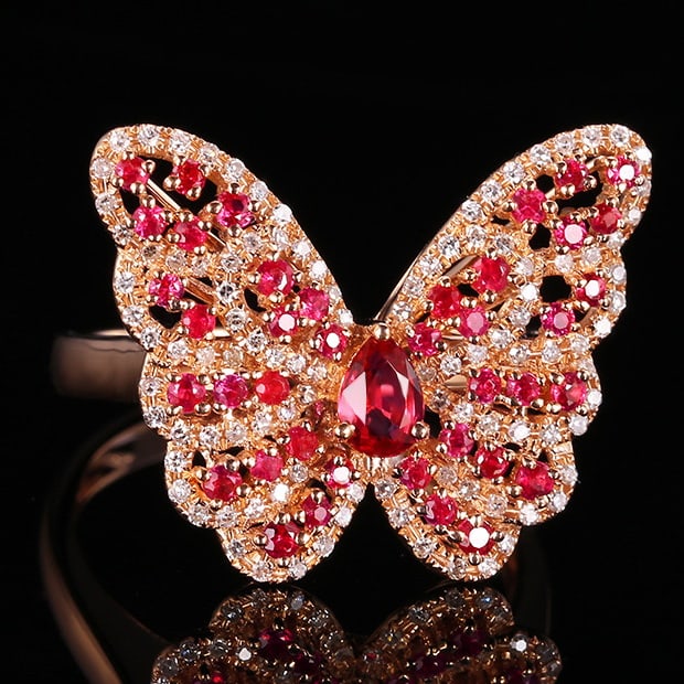 14k Gold 0.84 Ctw Natural Ruby & Ruby & Butterfly Ring - 3