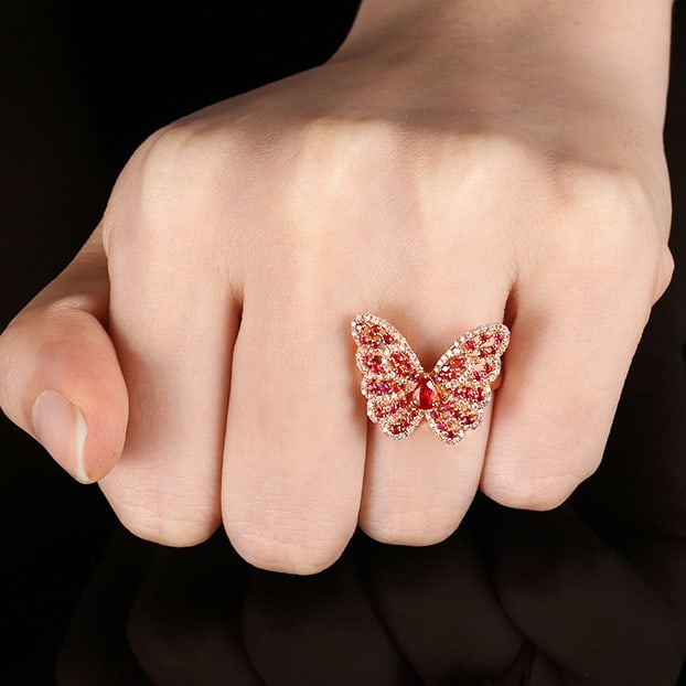 14k Gold 0.84 Ctw Natural Ruby & Ruby & Butterfly Ring - 5