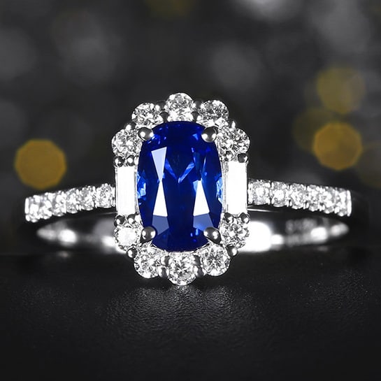 14k Gold 1.61 Ctw Natural Sapphire & Diamond Ring: Ref:230980052 // gold content:14k gold // ring size:7. 25us // // main gemstone:sapphire // shape:oval // carat weight:1. 26ct // color:royal blue // treatment:natural // // adjacent gemstone 2 :