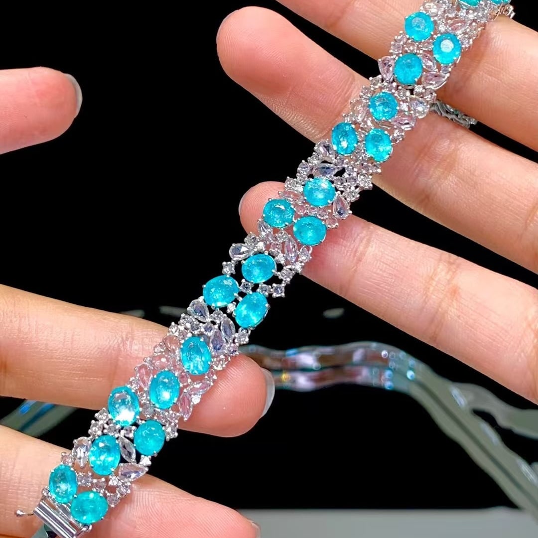 14k Gold 12.6 Ct Natural Paraiba Tourmaline & Diamond & Sapphire Bracelet - 2