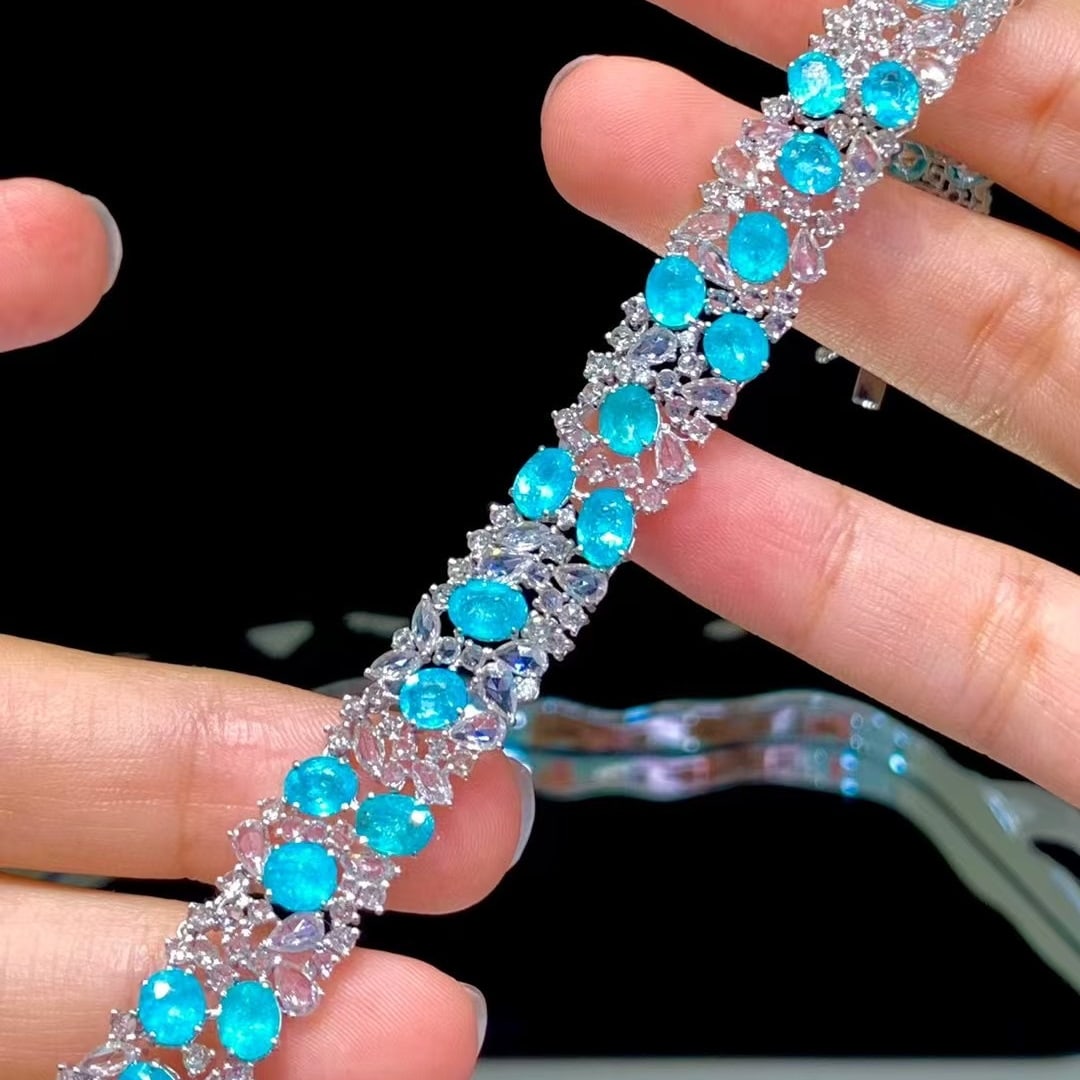 14k Gold 12.6 Ct Natural Paraiba Tourmaline & Diamond & Sapphire Bracelet - 3