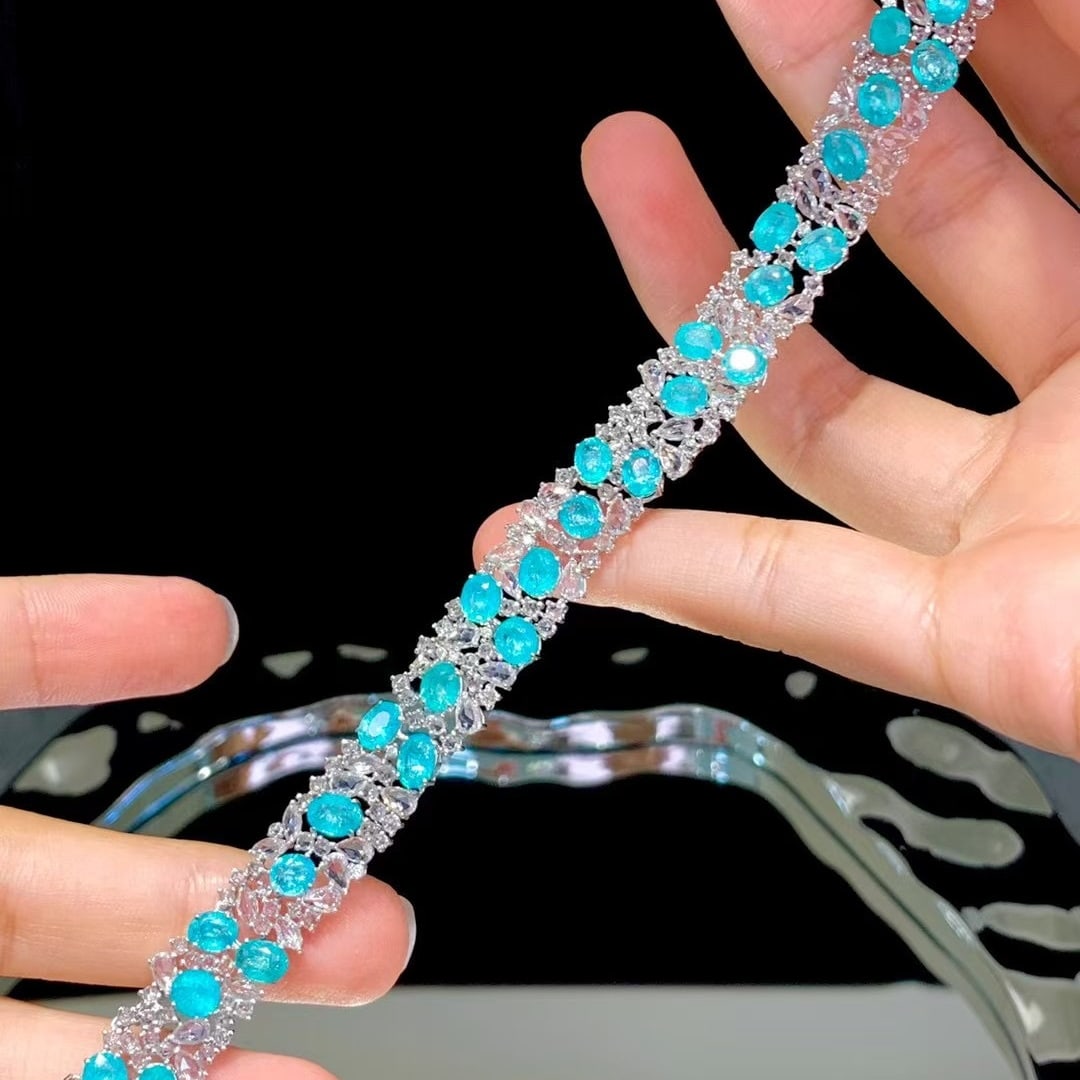 14k Gold 12.6 Ct Natural Paraiba Tourmaline & Diamond & Sapphire Bracelet - 4