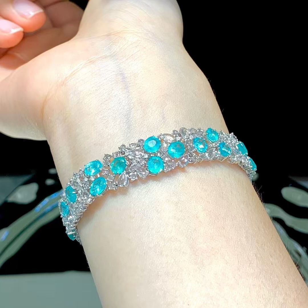 14k Gold 12.6 Ct Natural Paraiba Tourmaline & Diamond & Sapphire Bracelet - 5