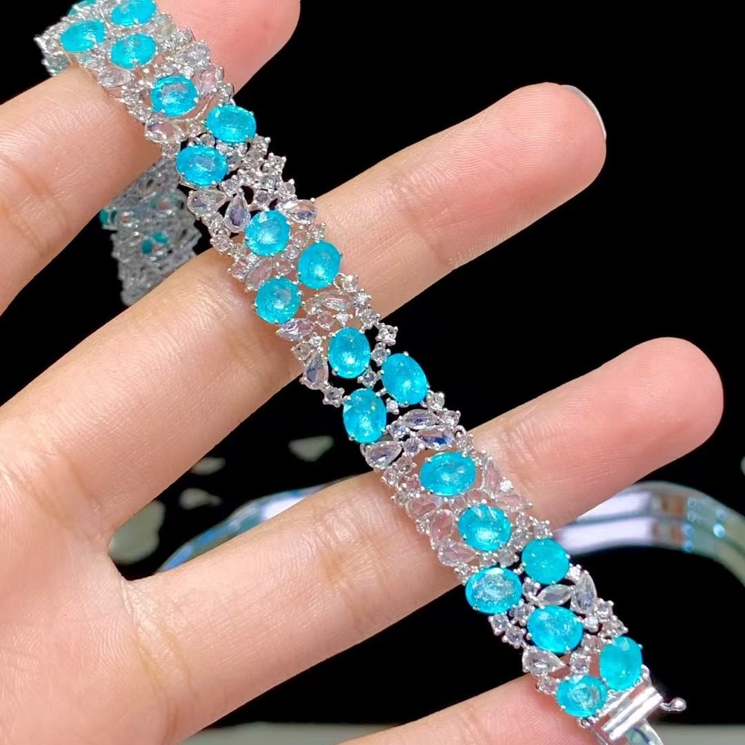 14k Gold 12.6 Ct Natural Paraiba Tourmaline & Diamond & Sapphire Bracelet - 6