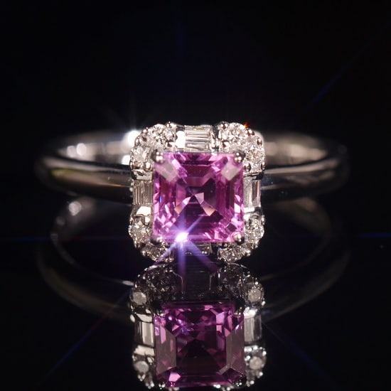 14k Gold 1.33 Ctw Natural Sapphire & Diamond Ring: Ref:230980071 // gold content:14k gold // ring size:7. 25us // // main gemstone:sapphire // shape:octagonal // carat weight:1. 15ct // color:pink // treatment:natural // // adjacent gemstone 2 :