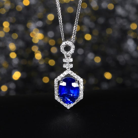 14k Gold 1.70 Ctw Natural Sapphire & Diamond Pendant( Without Chain ): Ref:230980075 // gold content:14k gold // main gemstone:sapphire // shape:oval // carat weight:1. 5ct // color:royal blue // treatment:natural // // adjacent gemstone 2 : diamond // number of