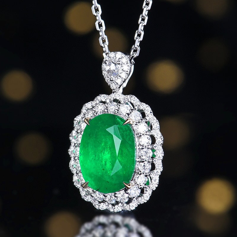 14k Gold 3.93 Ctw Vivid Green Natural Emerald & Diamond Pendant( Without Chain ) - 2