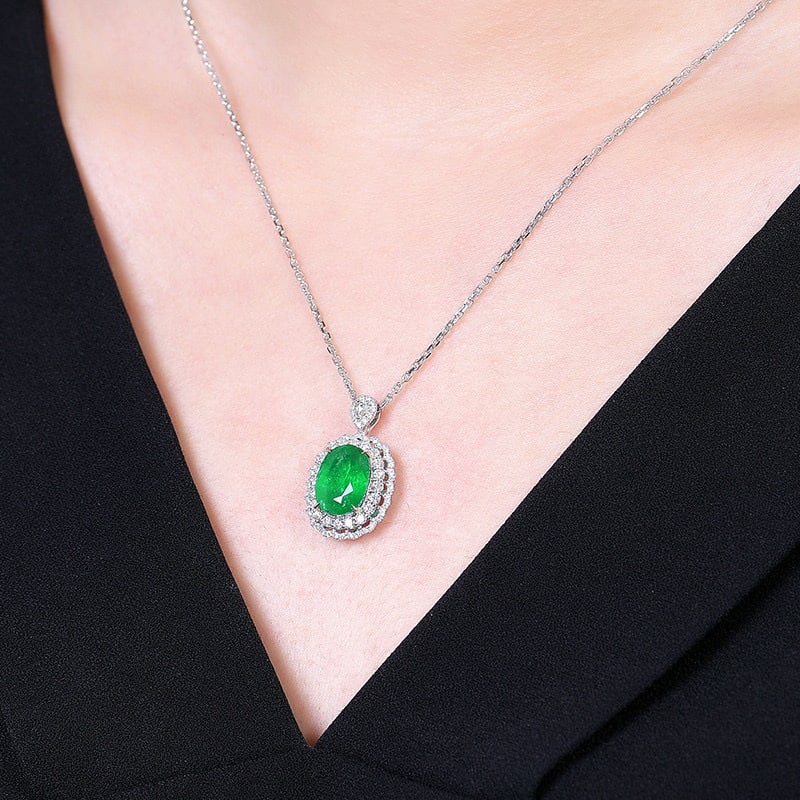 14k Gold 3.93 Ctw Vivid Green Natural Emerald & Diamond Pendant( Without Chain ) - 8