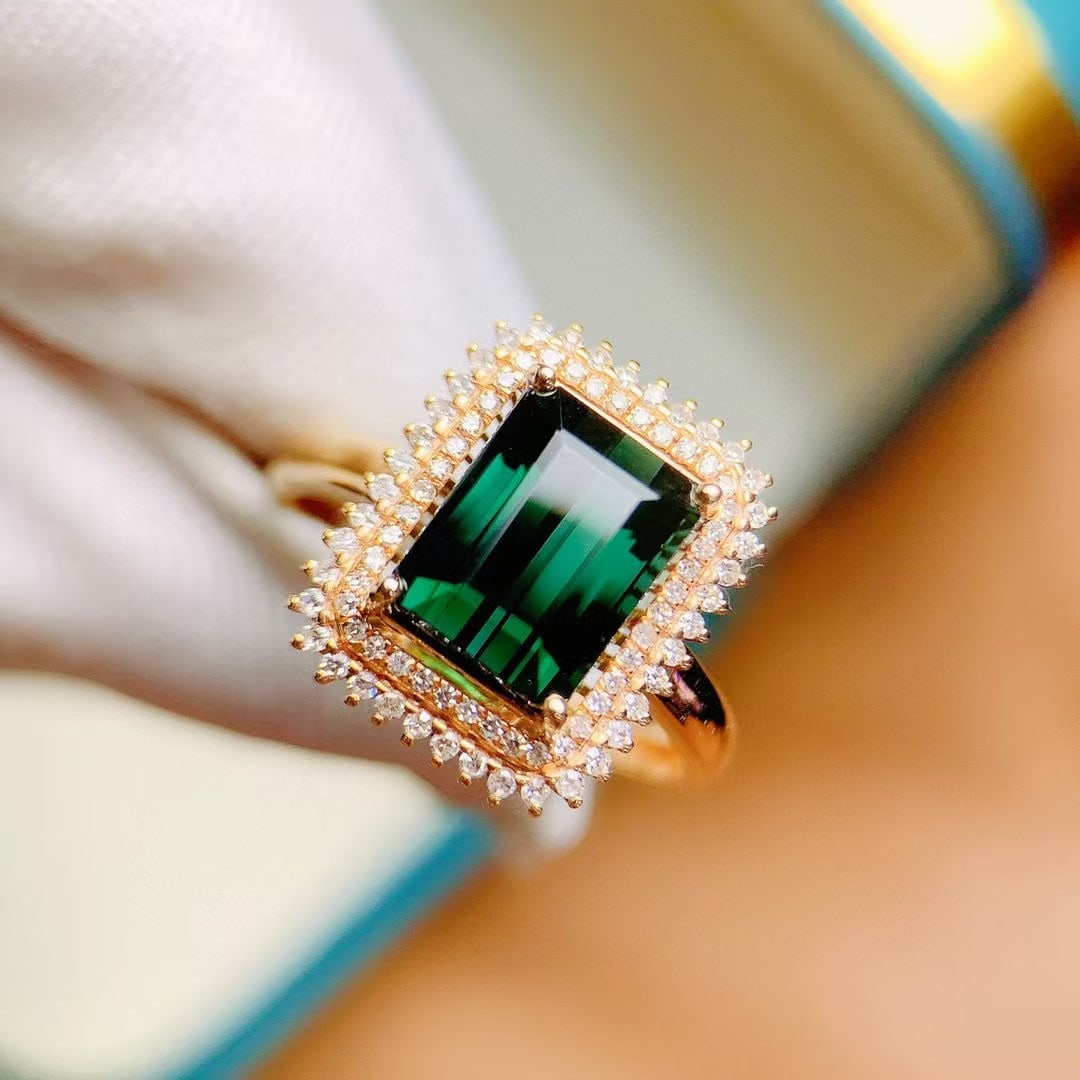 14k Gold 3.87 Ctw Natural Tourmaline & Diamond Ring: Ref:230980088 // gold content:14k gold // ring size:7. 25us // // main gemstone:tourmaline // shape:octagonal // carat weight:3. 55ct // color:green // treatment:natural // // adjacent gemstone 2 :