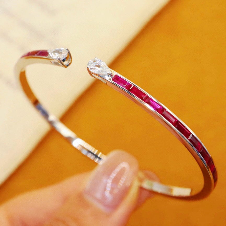 14k Gold 4.20 Ctw Natural Ruby & Sapphire Bangle - 2