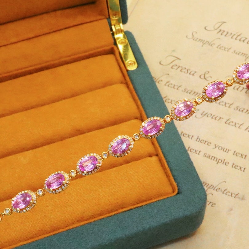 14k Gold 5.07 Ctw Natural Padparadscha Sapphire & Diamond Bracelet - 2