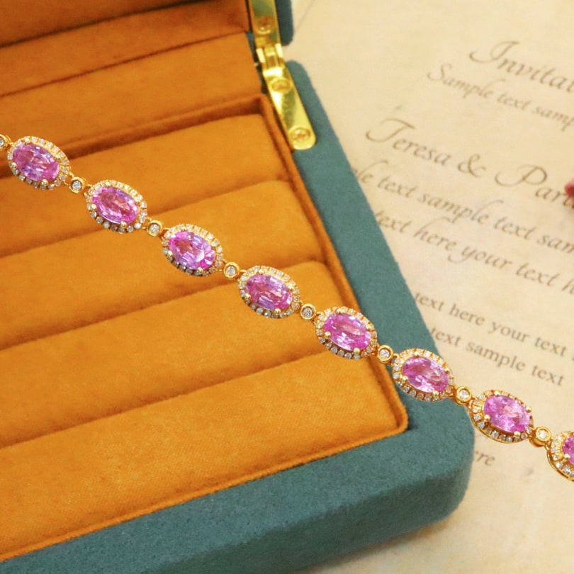 14k Gold 5.07 Ctw Natural Padparadscha Sapphire & Diamond Bracelet - 3