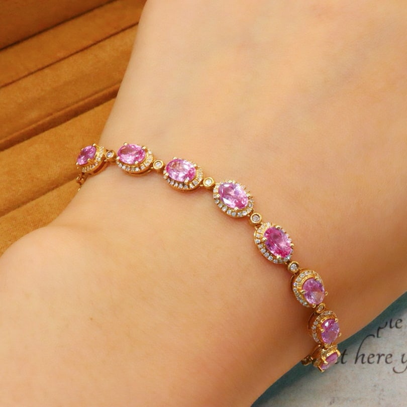 14k Gold 5.07 Ctw Natural Padparadscha Sapphire & Diamond Bracelet - 5