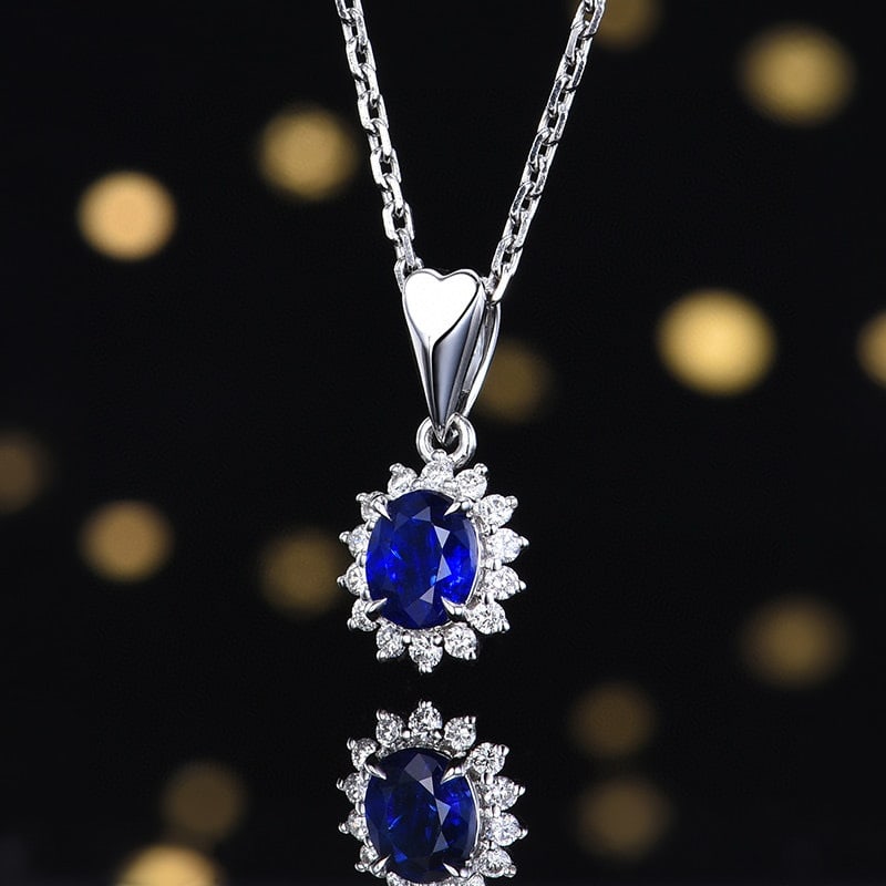 14k Gold 0.75 Ctw Vivid Blue Natural Sapphire & Diamond Pendant( Without Chain ) - 2