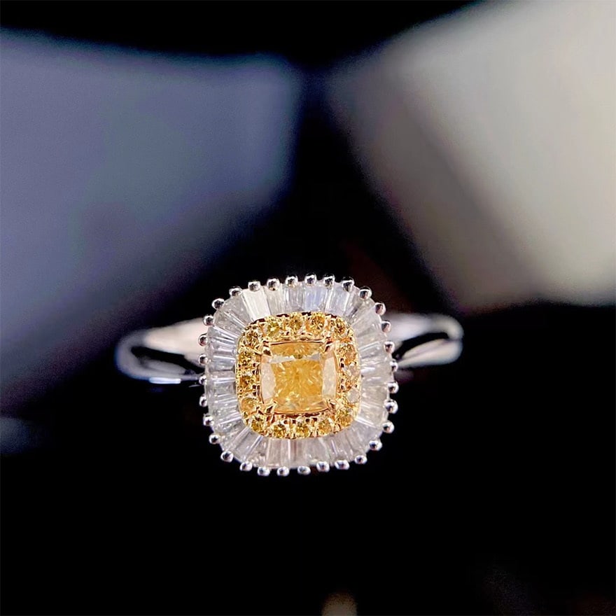 14k Gold 0.60 Ctw Natural Yellow Diamond & Diamond Ring: Ref:230980121 // gold content:14k gold // ring size:7. 25us // // main gemstone:yellow diamond // shape:cushion // carat weight:0. 30ct // color:yellow // treatment:natural // // adjacent gemstone 2