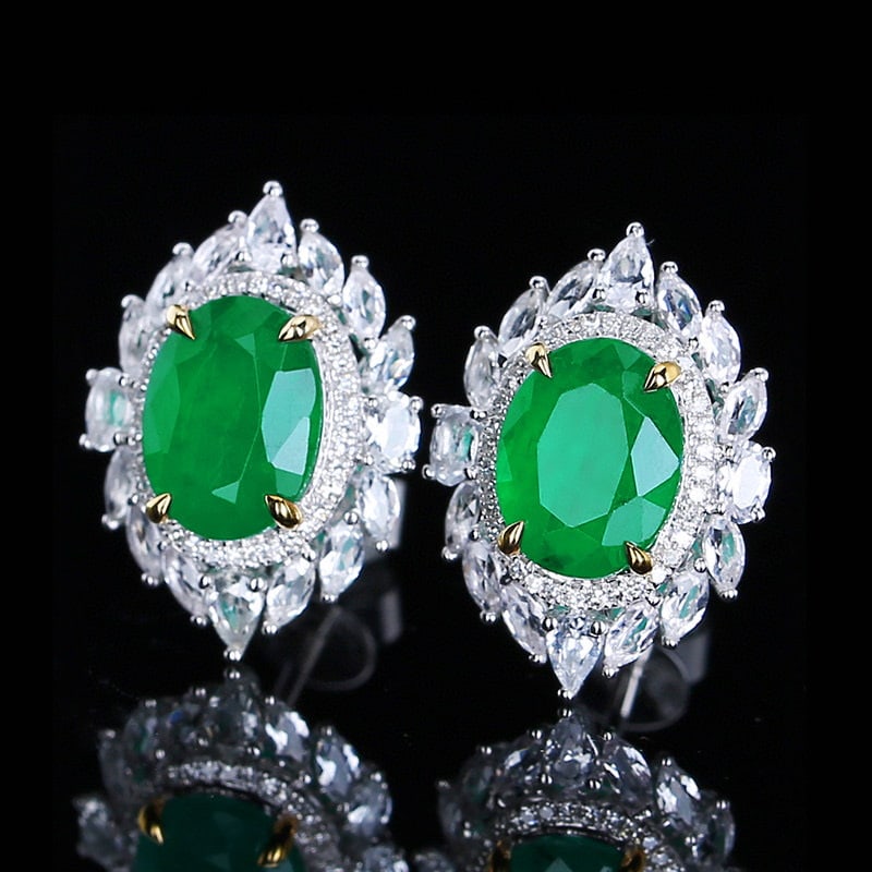 14k Gold 3.63 Ctw Vivid Green Natural Emerald & Diamond Earrings - 2