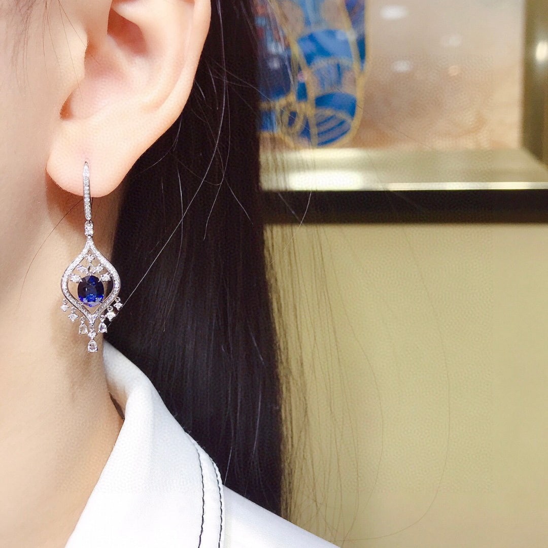 14k Gold 4.22 Ctw Natural Sapphire & Diamond Earrings - 6