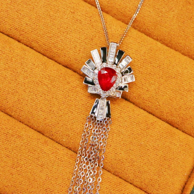 14k Gold 1.56 Ctw Natural Ruby & Diamond Brooch/pendant( Without Chain ): Ref:230980148 // gold content:14k gold // main gemstone:ruby // shape:pear // carat weight:1. 03ct // color:pigeonblood red // treatment:natural // // adjacent gemstone 2 : diamond // number of