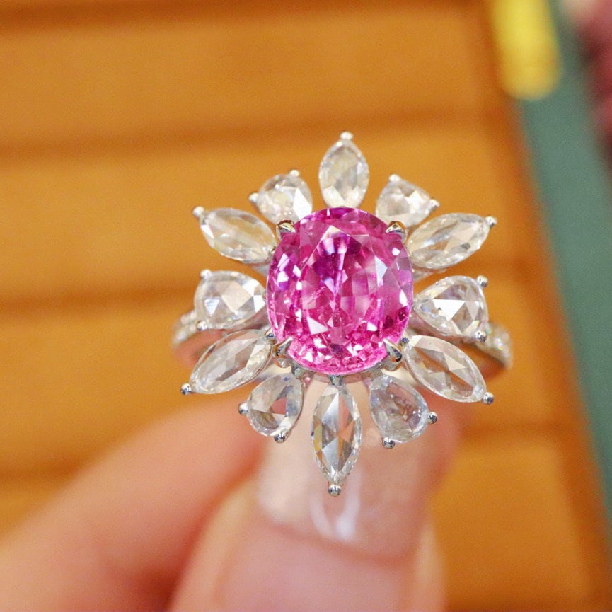14k Gold 3.23 Ctw Natural Sapphire & Diamond Ring: Ref:230980154 // gold content:14k gold // ring size:7. 25us // // main gemstone:sapphire // shape:oval // carat weight:2. 20ct // color:pink // treatment:natural // // adjacent gemstone 2 : diamond