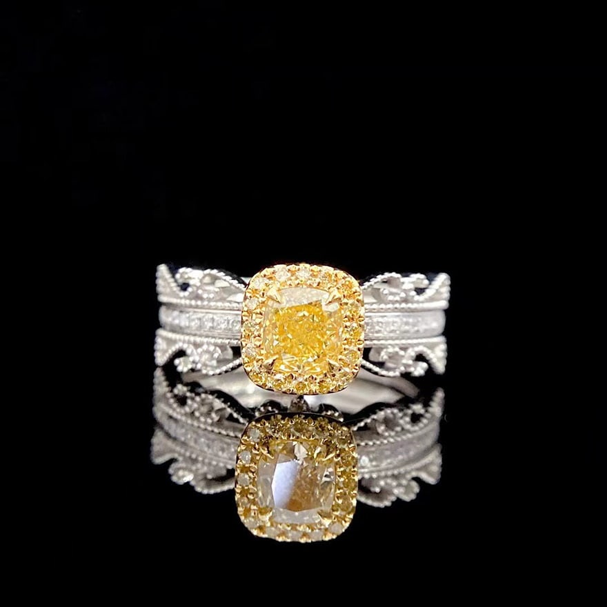 14k Gold 0.78 Ctw Natural Yellow Diamond & Diamond Ring: Ref:230980162 // gold content:14k gold // ring size:7. 25us // // main gemstone:yellow diamond // shape:oval // carat weight:0. 55ct // color:yellow // treatment:natural // // adjacent gemstone 2 :
