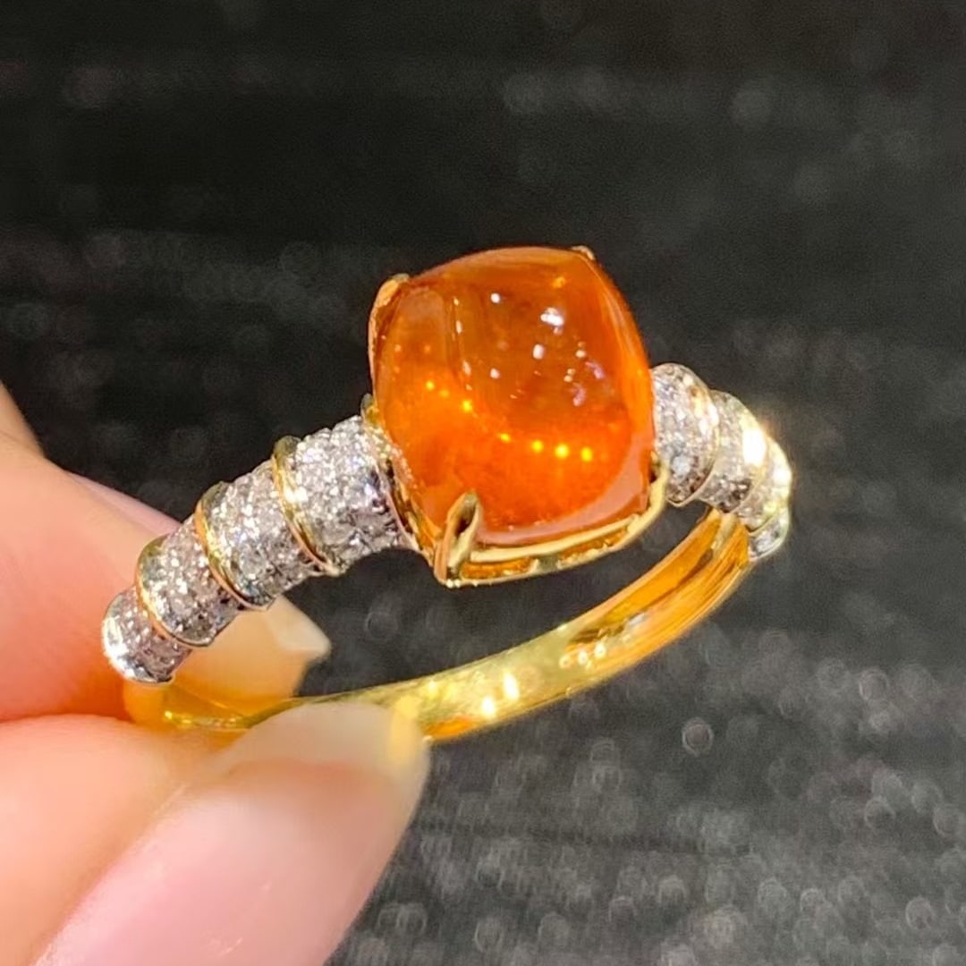 14k Gold 3.6 Ct Natural Spessartine & Diamond Ring: Ref:230980168 // gold content:14k gold // ring size:7. 25us // // main gemstone:spessartine // shape:suger-loaf // carat weight:3. 6ct // color:orange // treatment:natural // // adjacent gemstone 2 :