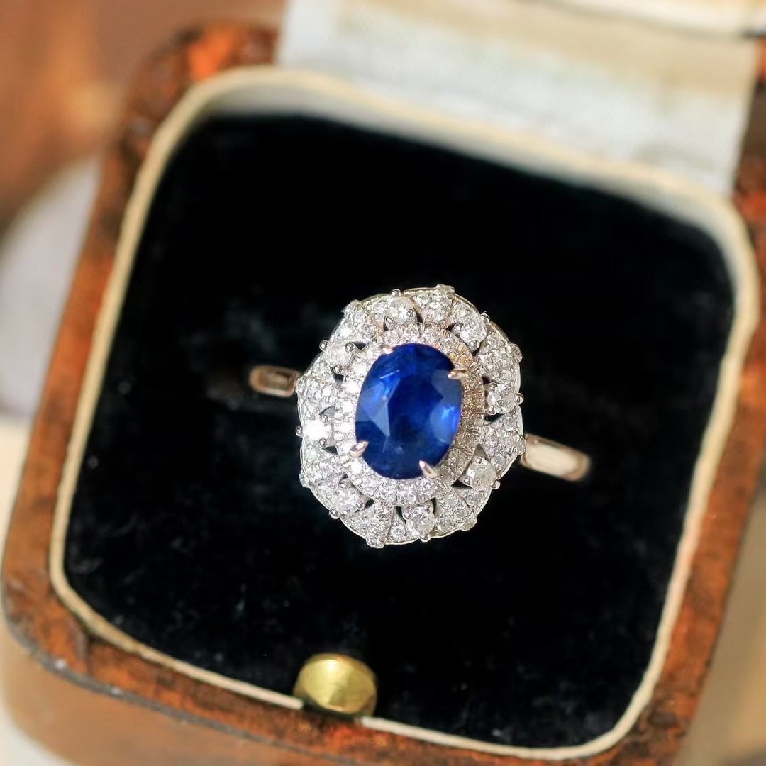 14k Gold 1.61 Ctw Natural Sapphire & Diamond Ring: Ref:230980169 // gold content:14k gold // ring size:7. 25us // // main gemstone:sapphire // shape:oval // carat weight:1. 32ct // color:royal blue // treatment:natural // // adjacent gemstone 2 :