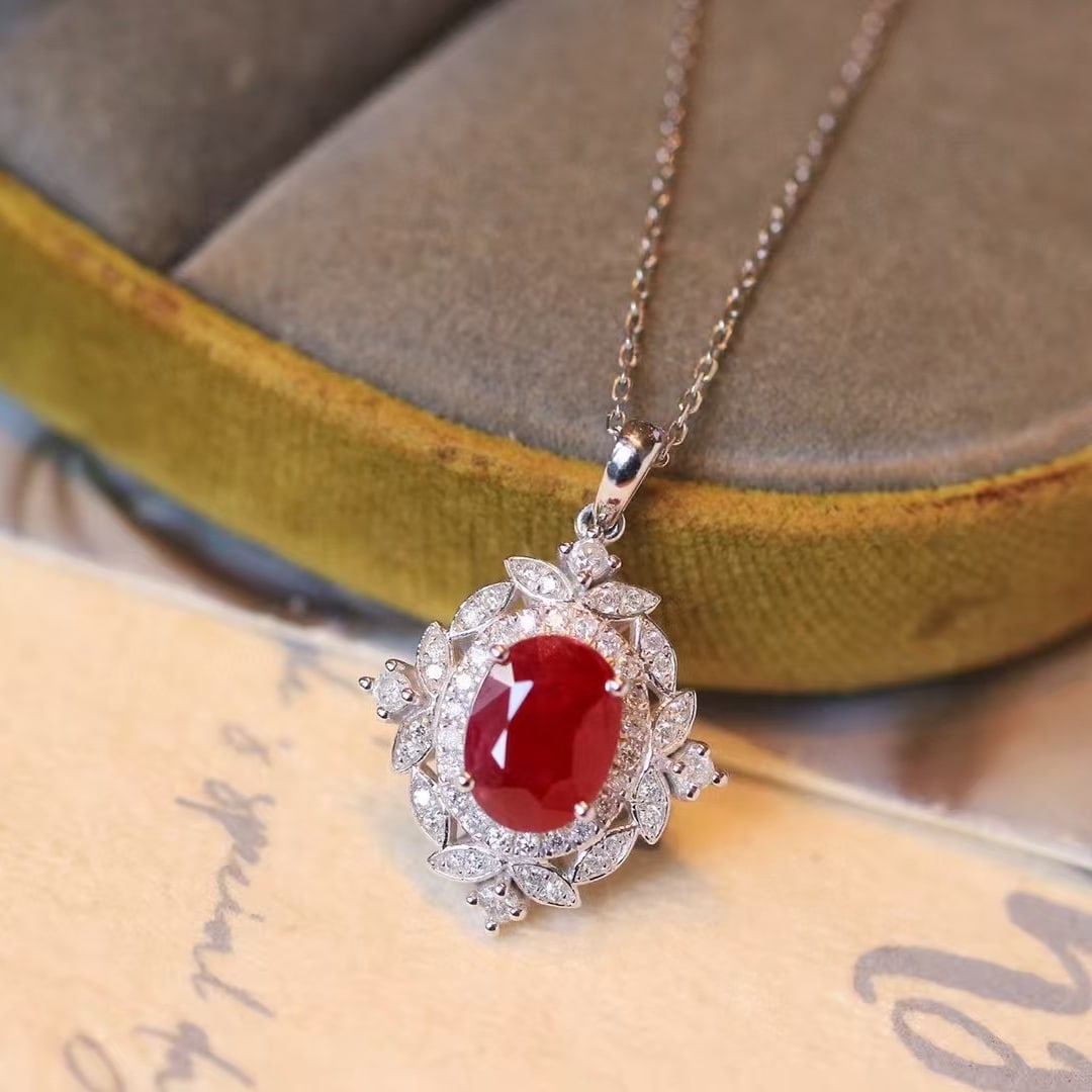 14k Gold 1.86 Ctw Natural Ruby & Diamond Pendant( Without Chain ): Ref:230980177 // gold content:14k gold // main gemstone:ruby // shape:oval // carat weight:1. 56ct // color:pigeonblood red // treatment:natural // // adjacent gemstone 2 : diamond // shape:round // c