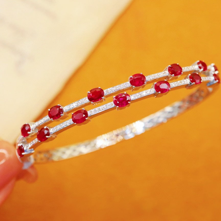 14k Gold 2.77 Ctw Natural Ruby & Diamond Bangle - 2